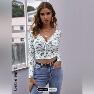 SHEIN Privé Ruched Tie Front Ditsy Floral Crop Tee M
